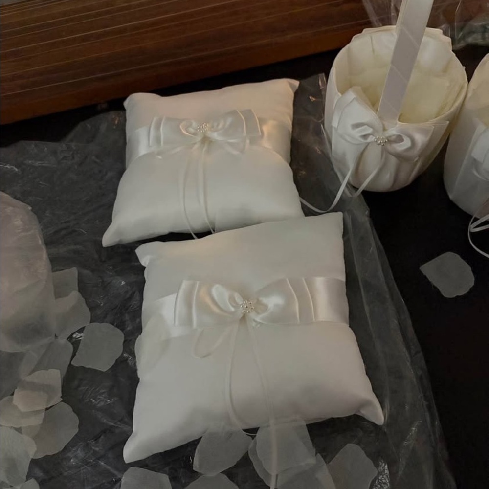 2 White Satin Wedding Ring Bearer Pillow Set with Bows